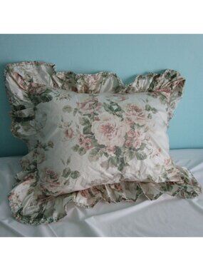 Chintz Floral Ruffled Pillow Sham Standard  Vintage Cottagecore Style Cotton Ble